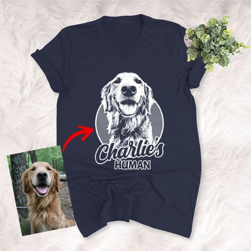 Pencil Sketch Hand Drawing Personalized Unisex V-neck T-shirt Vintage Gift For Mom, Dad, Birthday Gift For Pet Lovers
