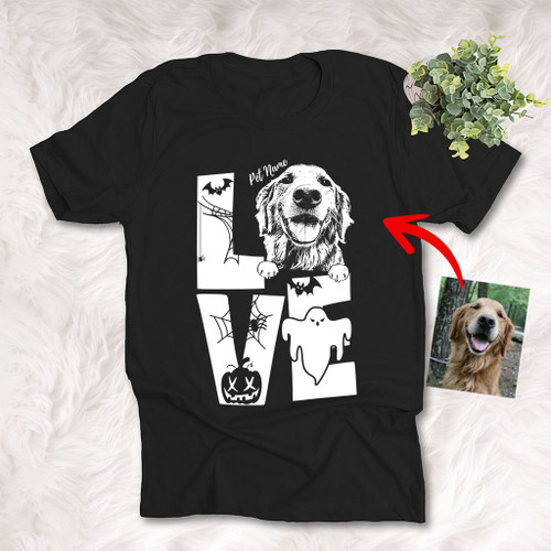 Love Halloween Customized Dog Photo Sketch T-Shirt Gift For Halloween, Spooky Dog Lover