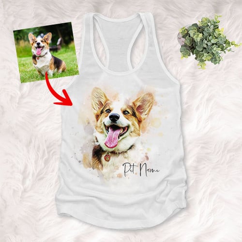 Water Color Pet Portrait Customized Women's Tank Top Pet Memorial Gift For Dog Moms, Dog Mama, Birthday Gift For Girlfriend