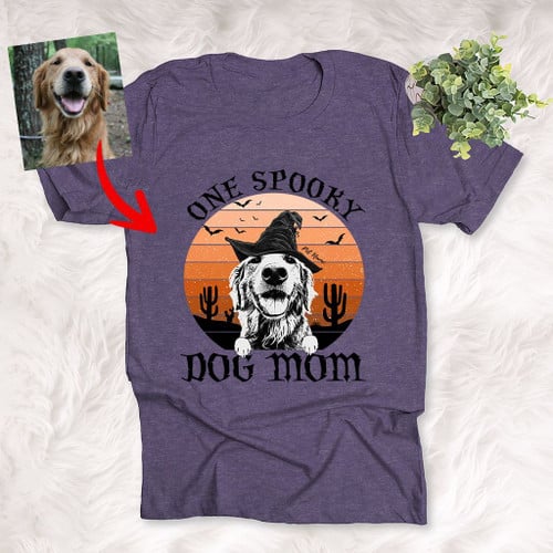 Halloween Customized Dog Witch Portrait T-Shirt Sunset Desert Background