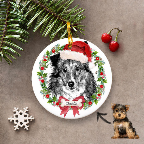 Personalized Sketch Dog Christmas Wreath Ornament