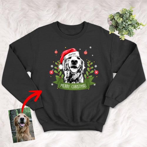 Customized Christmas 2021 Sketch Pet Portrait Vintage Ribbon Sweater Shirt Christmas for Dog Lovers