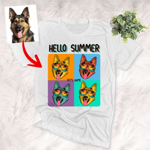 Hello Summer Personalized Pet Portrait T-shirt,Gift for Dog Dad, Dog Mom, PetLovers