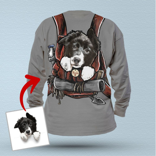 Customized Dog Peeking In Backpack 3D Backside Long Sleeve Shirt For Humans