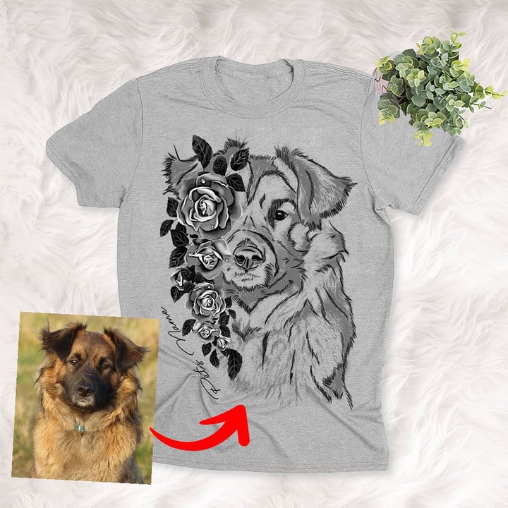 Pet Portrait With Flower Pencil Sketch Personalized Unisex T-shirt Gift For Dog Moms, Dog Dads, Daughter on Birthday