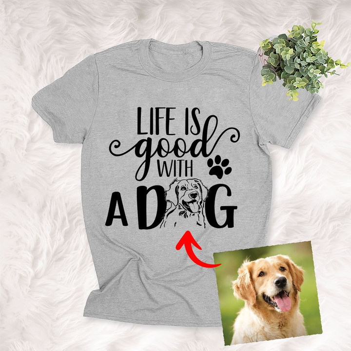 Life Is Good With My Puppies Customized Pet Portrait Pencil Sketch Unisex Adult T-shirt For Dog Lovers