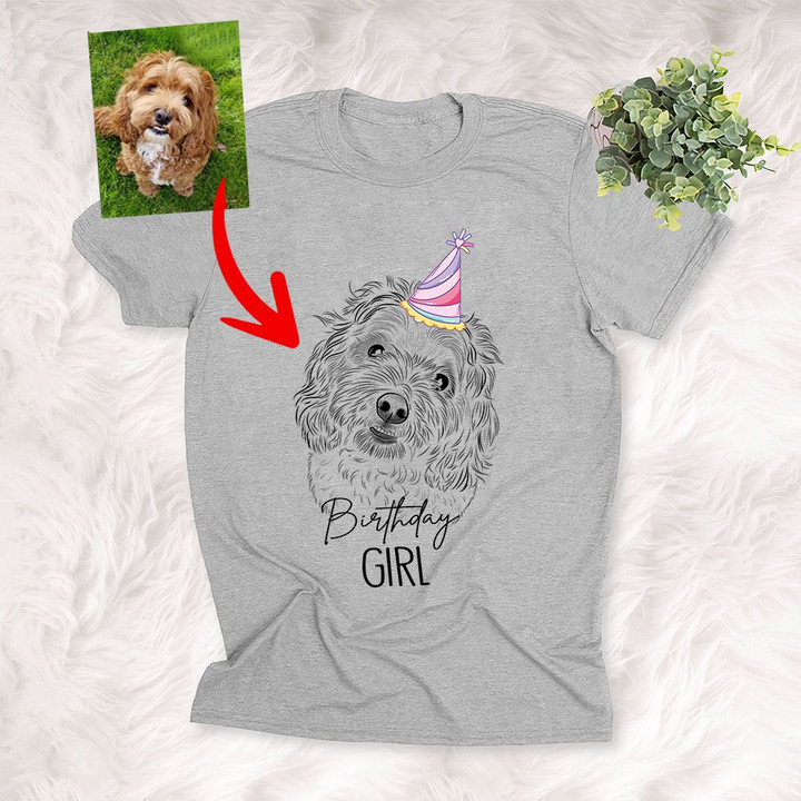 Happy Birthday Furry Mom Custom Pet Portrait Unisex T-shirt Mother's Day Gift, Gift for Girls On Birthday