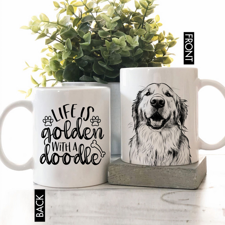 Life Is Golden With A Doodle Pet Portrait Personalized Mug Father's Day Gift, Gift for Dog Dad, Dog Papa