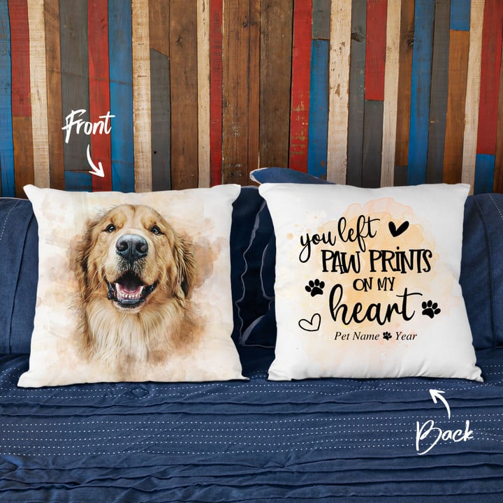 You Left Pawprints On My Heart Custom Water Color Dog Photo Pillow Case Gift For Dog Lover
