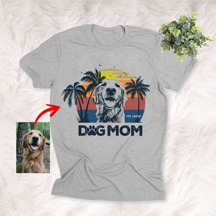 Dog Mom Summer Vibes Sunset Customized Dog Portrait T-Shirt Dog Mama Gift Dog Lovers Shirt