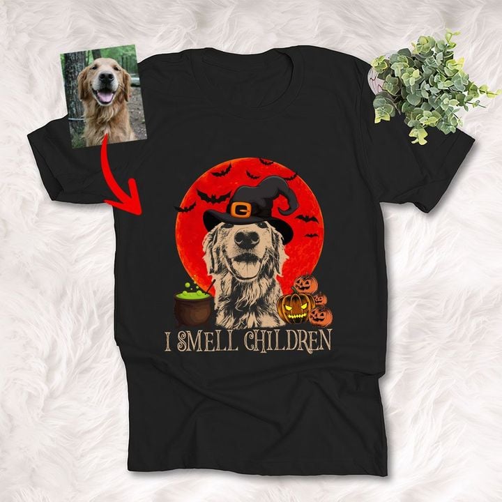 I Smell Children Halloween Witch Customized Dog Photo Sketch T-Shirt Dog Lover
