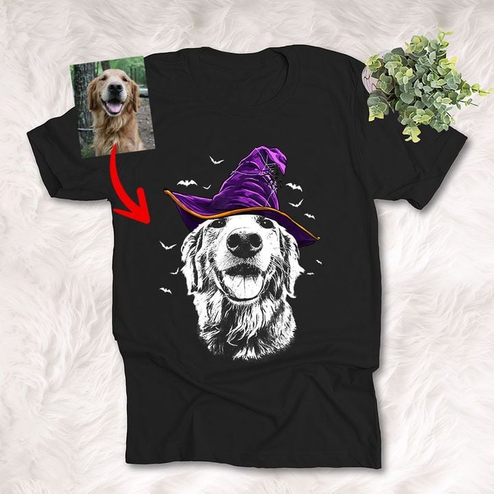 Witch Hat Funny Halloween Customized Dog Photo Sketch T-Shirt Dog Lover
