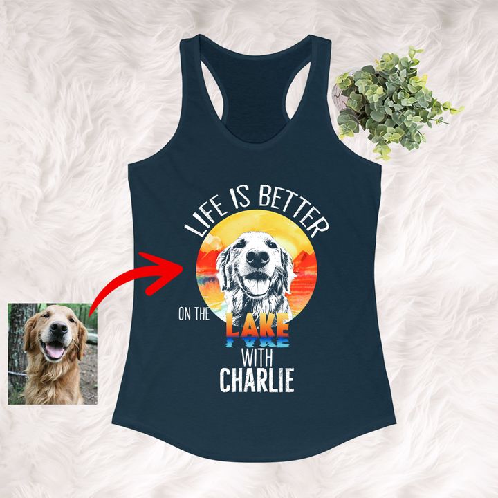 Life Is Better On The Lake With A Dog Sketch Dog Customized Women's Tank Top For Dog Mama Pet Owner