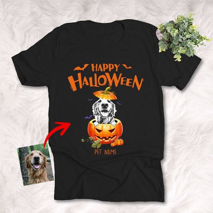 Happy Halloween Funny Dog Portrait With Pumpkin Customized Dog Photo Sketch T-Shirt Gift For Halloween, Spooky Dog Lover