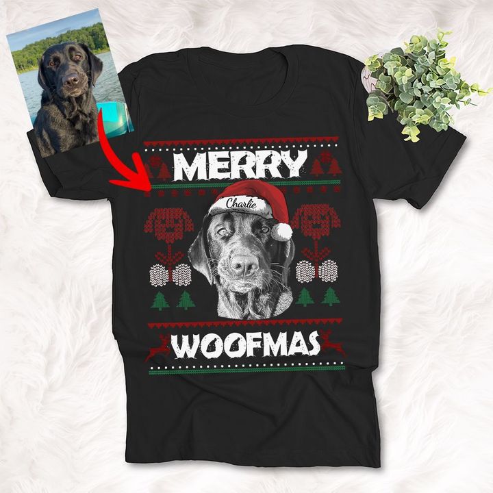 Personalized Sketch Pet Portrait Merry Woofmas Christmas Dog Lover Xmas T-Shirt