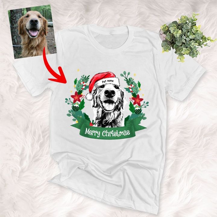 Customized Christmas 2021 Sketch Wreathe Pet Portrait T-Shirt Gift For Christmas