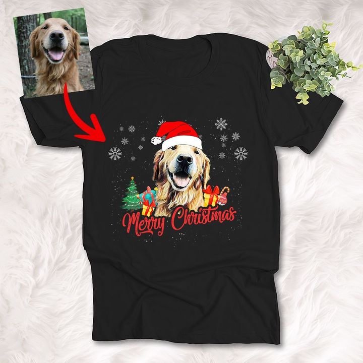Personalized Merry Christmas Holiday Custom Dog Portrait Unisex T-Shirt