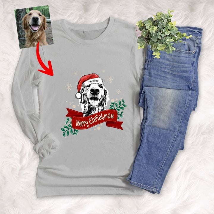 Customized Christmas 2022 Sketch Pet Portrait Christmas Ribbon Unisex Long Sleeves For Pet Owners