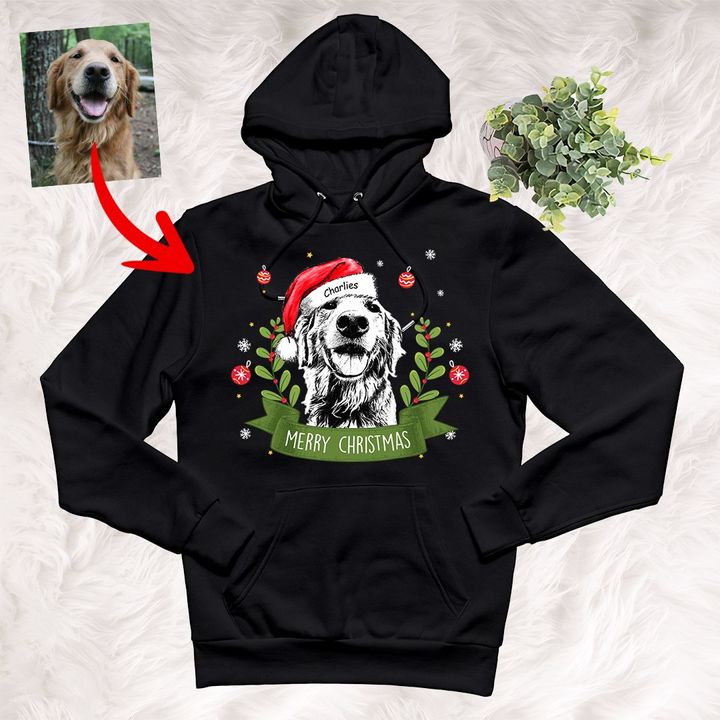 Customized Christmas 2021 Sketch Pet Portrait Vintage Ribbon Hoodie Christmas Gift For Dog Lovers