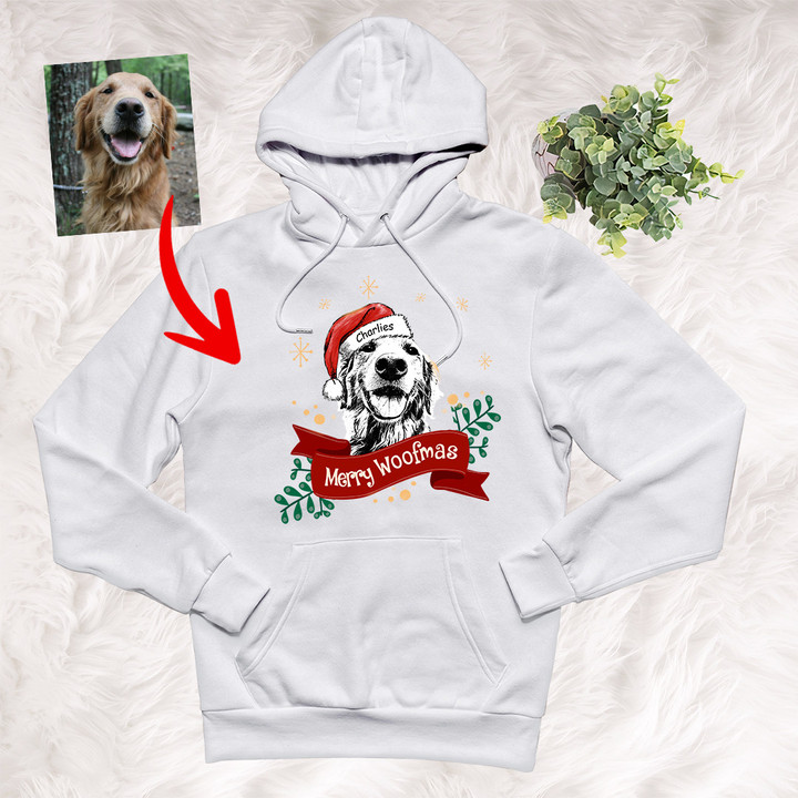 Customized Christmas 2021 Sketch Pet Portrait Christmas Ribbon Hoodie Pet Memorial Gift For Dog Lovers