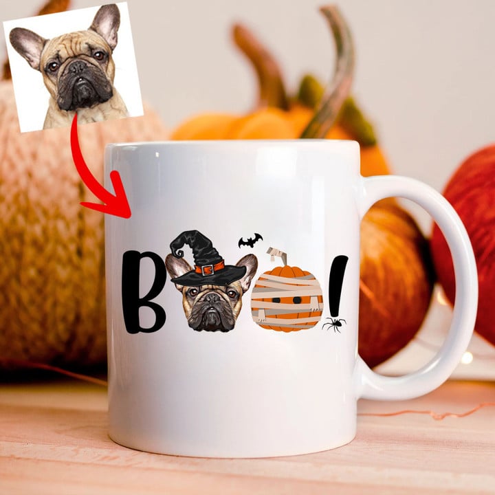 BOO Dog Portrait Witch Hat Pumpkin Mug on Halloween Day