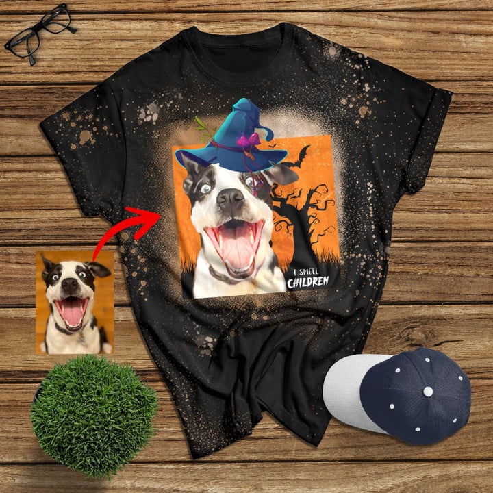 Personalized Dog In Hat Bleached Unisex T-shirt Halloween Gift