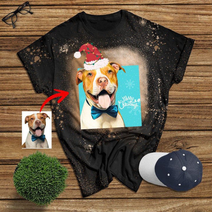 Personalized Dog In Hat Christmas Bleached T-shirt
