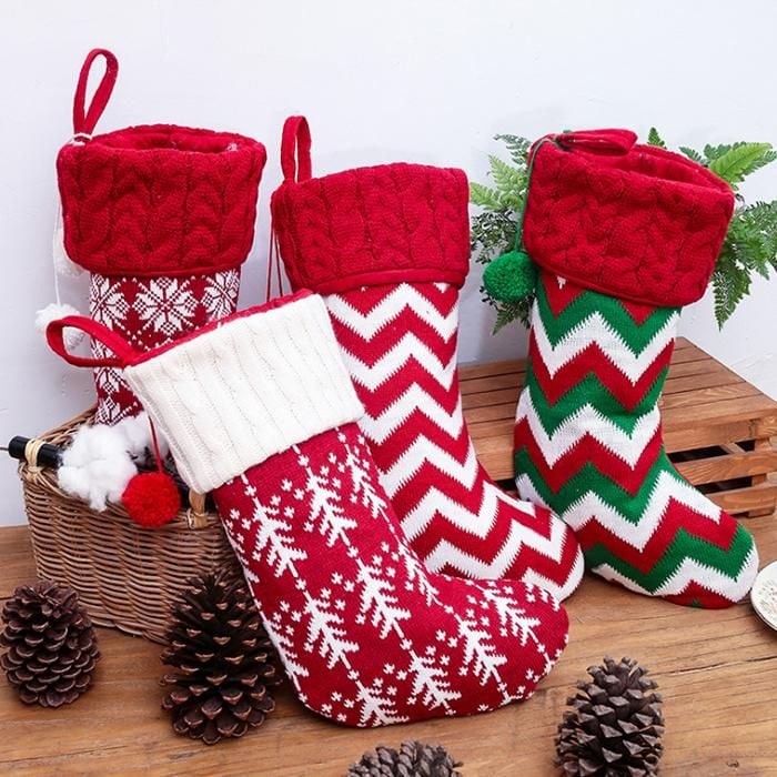 Knitted Christmas Stockings Embroidered Red Snowflake Knit Stocking