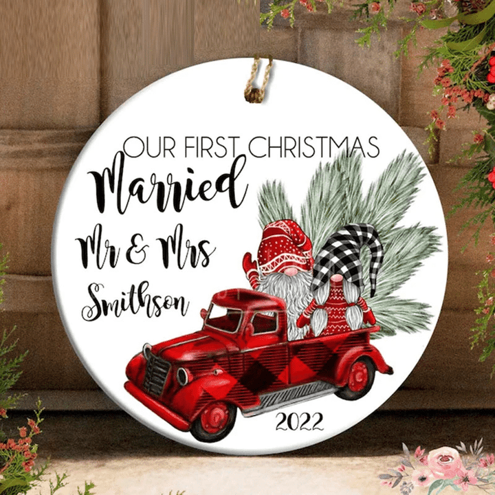 Gnome Gift Our First Christmas Married Red Pickup Truck Christmas Ornament