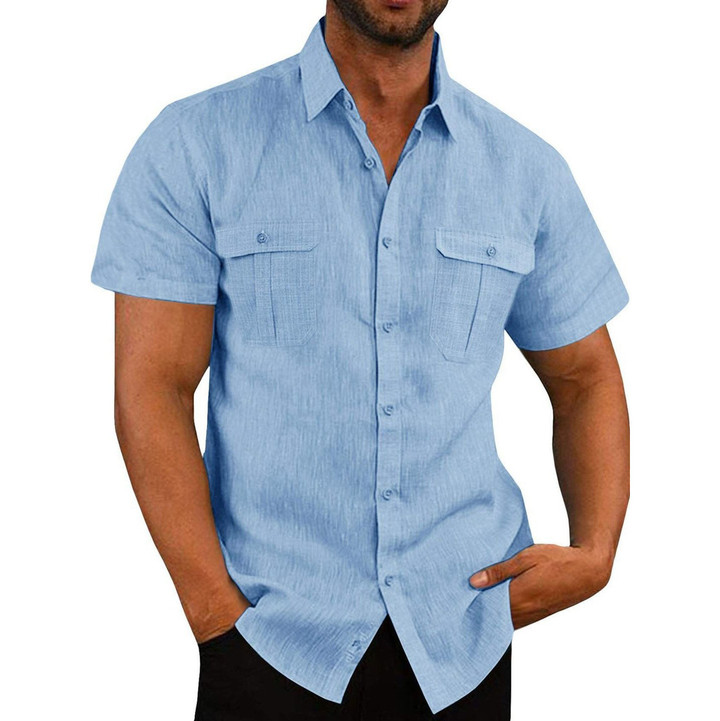 Men's Double Pocket Cotton Linen Short Sleeve Shirts