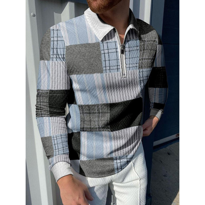 Men's Printed Zipper Casual Polo Shirt