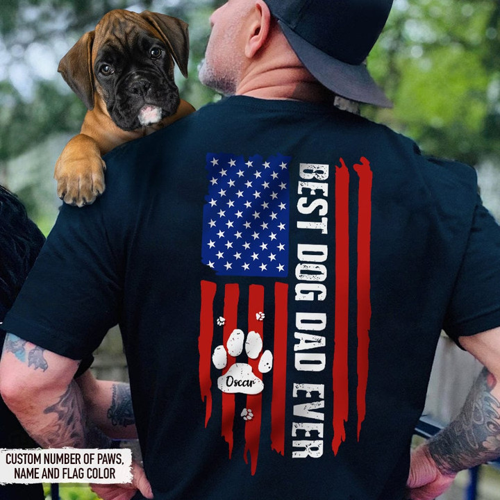 Best Dog Dad Ever Paw American Flag Backside Dog Shirt