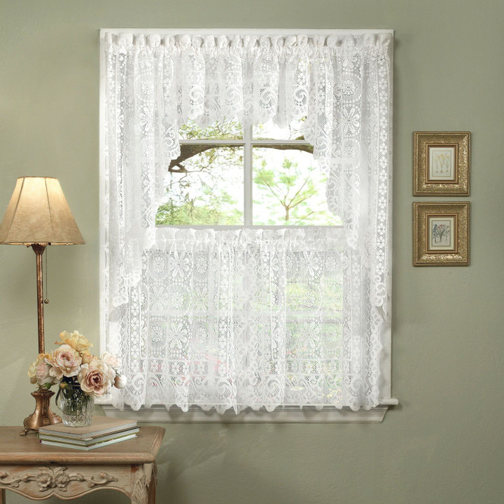 Hopewell Heavy White Lace Kitchen Curtain