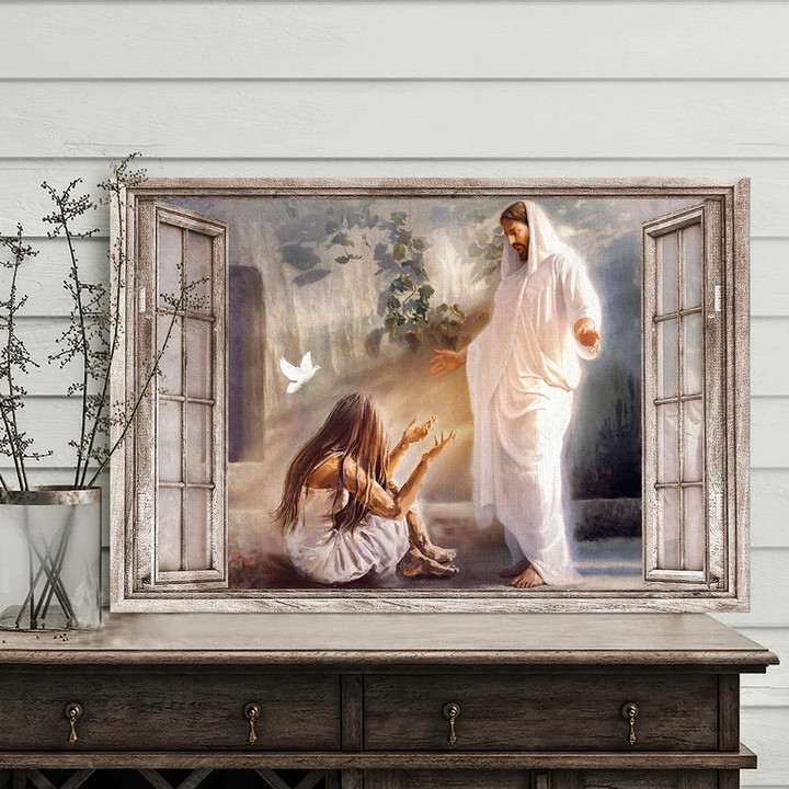 Jesus saves, Miserable girl, Flying dove, God light Canvas and Poster 268