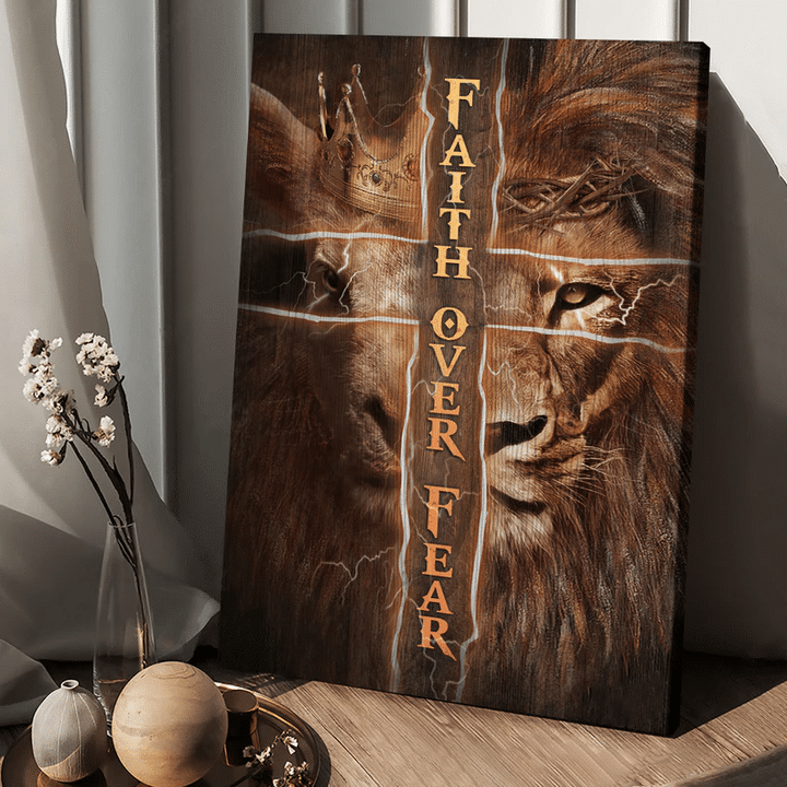 Jesus - Golden crown, Lion king, Cross drawing, Faith over fear Canvas and Poster 275