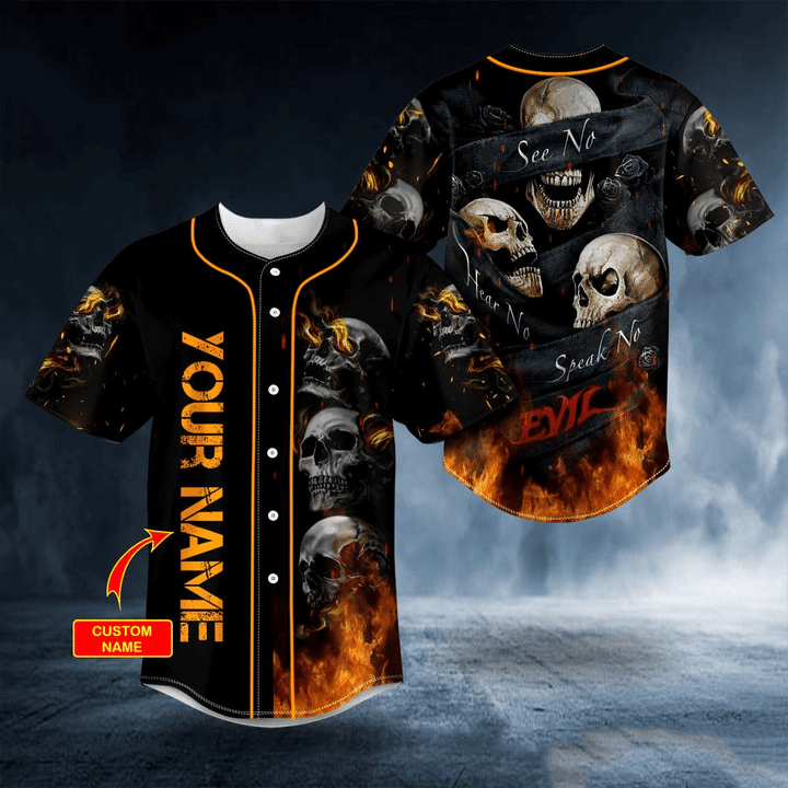 See No Hear No Speak No Evil Flame Skull Personalized Name Baseball Jersey 527