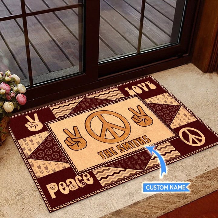 Hippie Peace Love Personalized Name Doormat 023