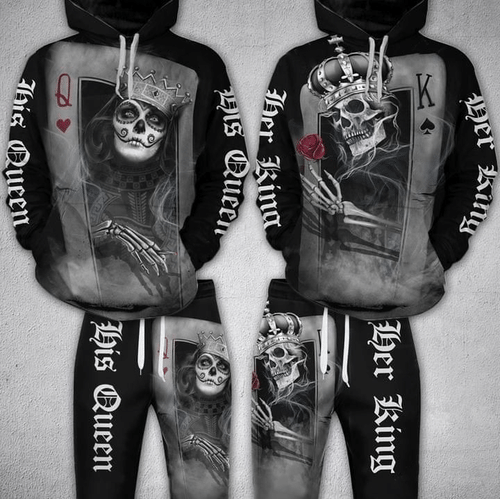 Valentine Gift For Couple His Queen Her King Skull Couple 3D Hoodie And Long Pants PAN3DSET0009