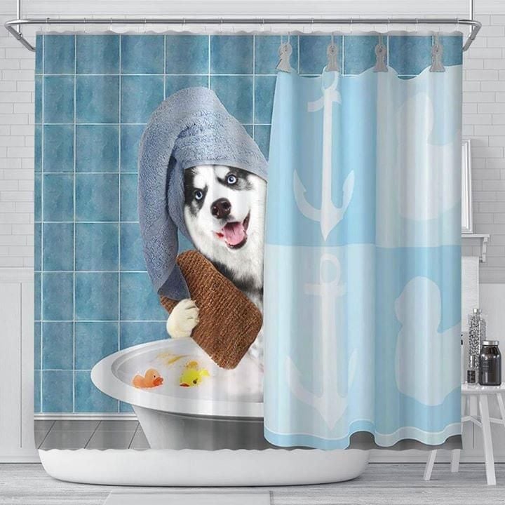 Husky On Bathroom Funny Shower Curtain