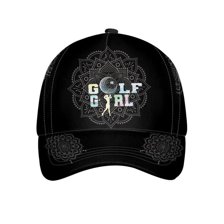 Holographic Wrinkled Foil Golf Girl Black Mandala Pattern Yoga Cap