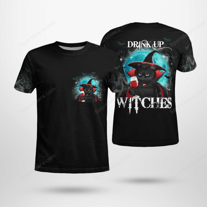 Black Cat Witch 3D T-shirt Drink Up