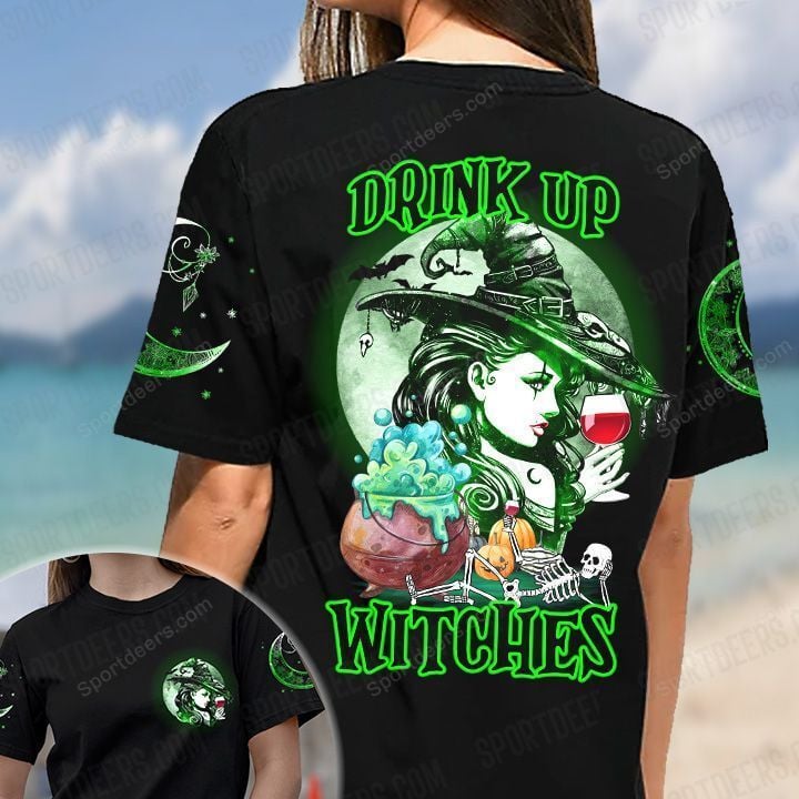 Green Witch Drinking Wine 3D T-shirt Drink Up