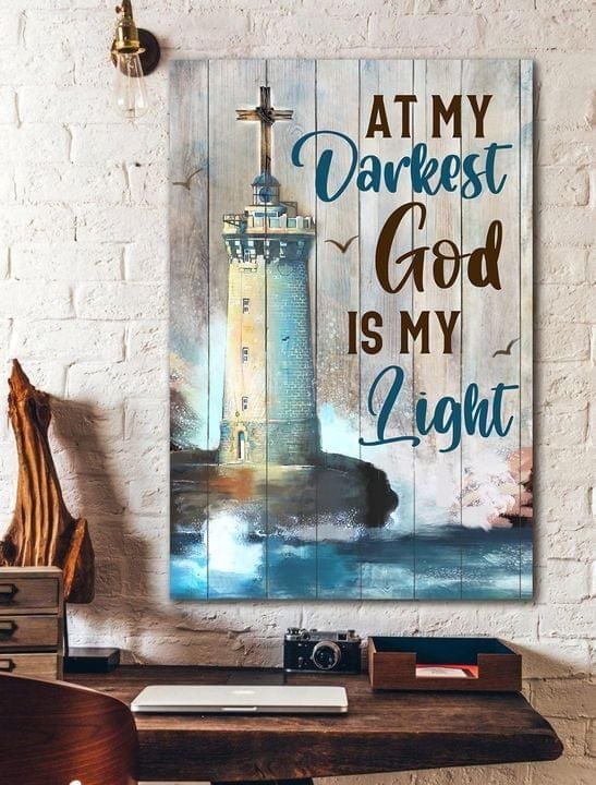 Lighthouse Christian Cross Canvas Wall Art At My Darkest God Is My Light