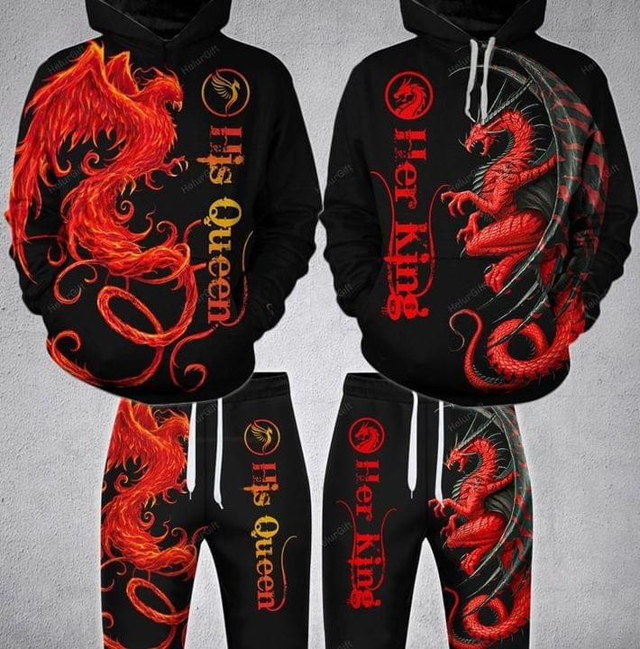 Gift For Couple Dragon 3D Hoodie And Long Pants His Queen Her King PAN3DSET0131