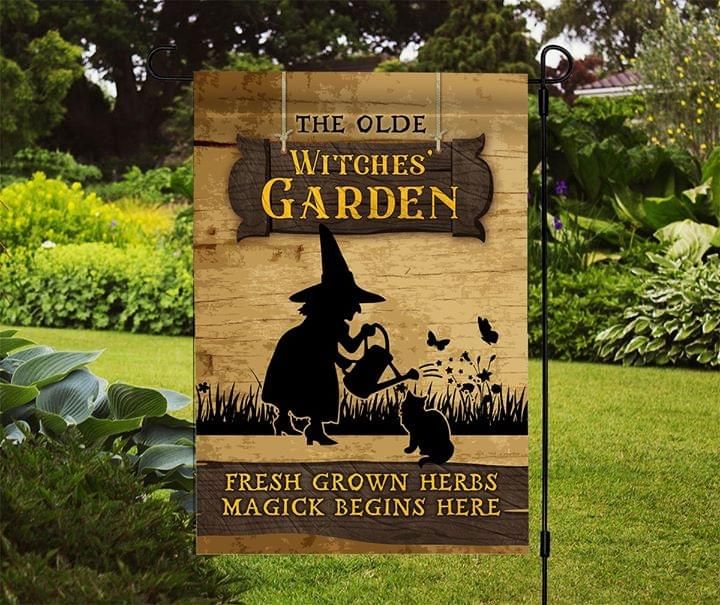 Witch Watering Black Cat Garden Flag Fresh Grown Herbs Magick Begins Here