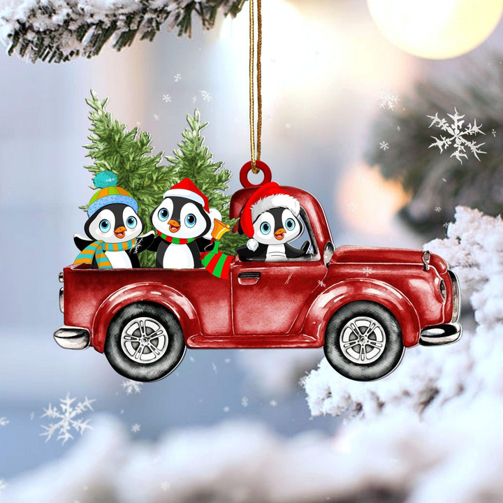 Penguin Red Car Christmas Ornament
