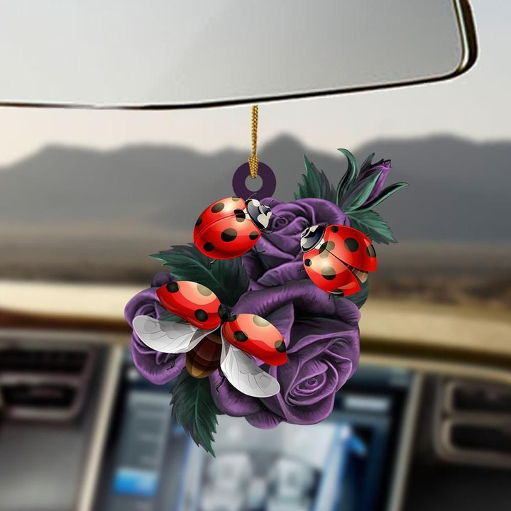 Ladybugs purple rose two sides ornament