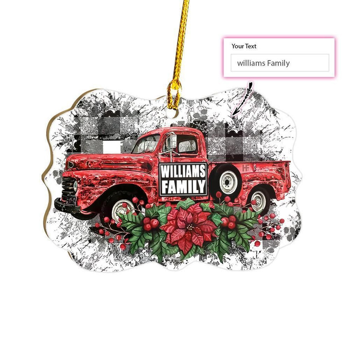 Red Truck Family Name With Holly Christmas Custom Ornament