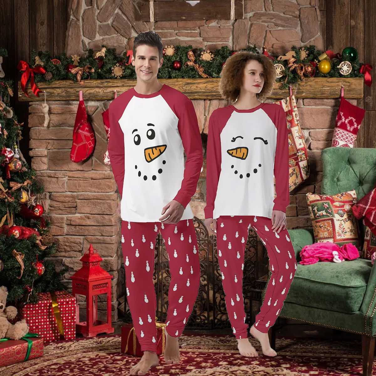 Matching Raglan Pajamas For Couple Snowman Snowwoman