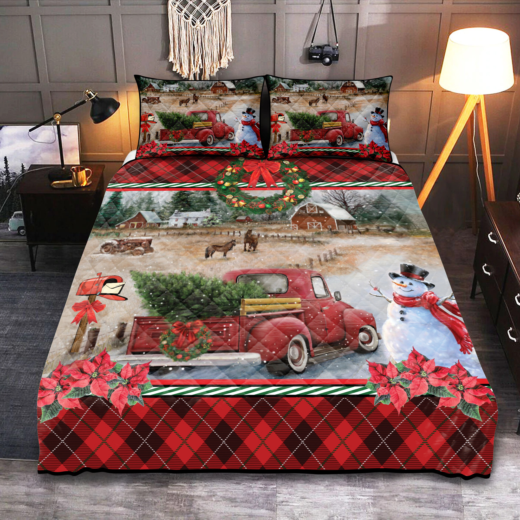 Red Truck On Farm Gift For Christmas Farmer Quilt Set PANQBS0066